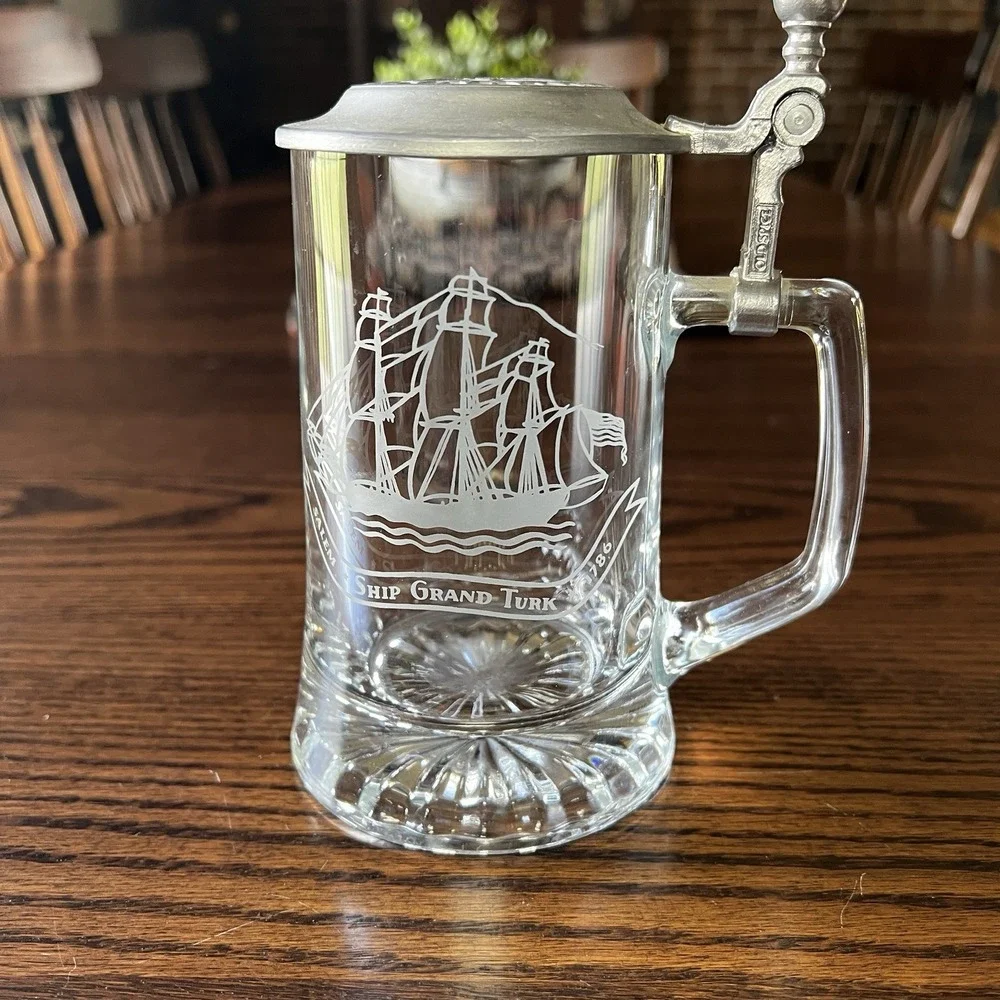 Vintage Old Spice Etched Salem Ship Glass‎ Beer Stein Metal Lidded Bar Mug 1866